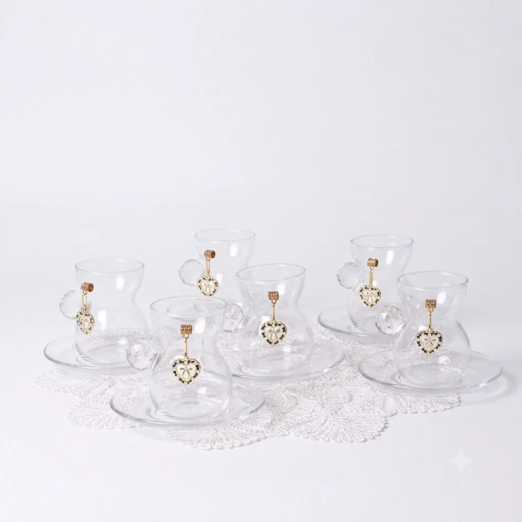 6 Piece Glass Tea Cups Set with Crystal Handles and Hanging Heart Pendants 1