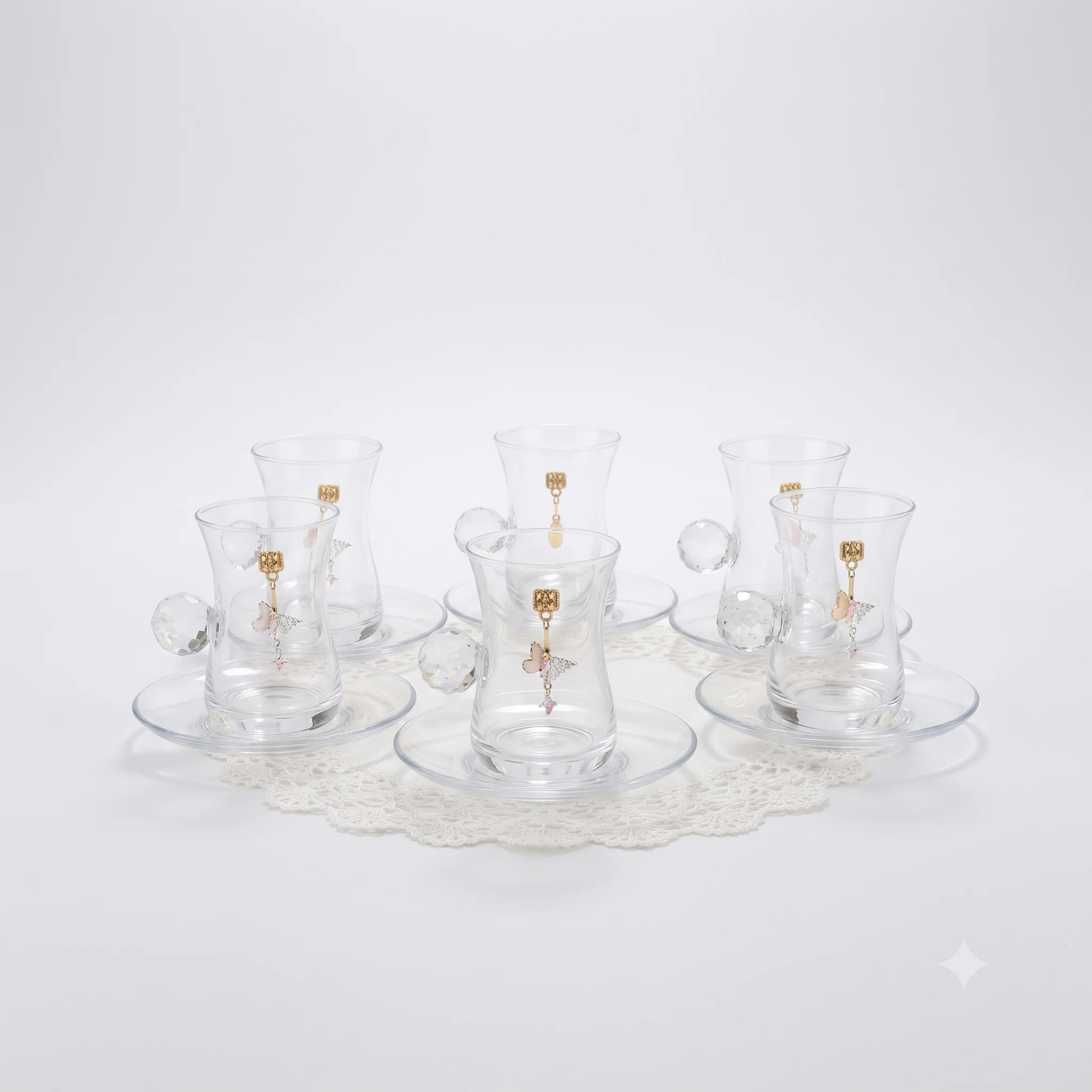6 Piece Glass Tea Cups Set with Crystal Handles and Hanging Butterfly Pendants 1