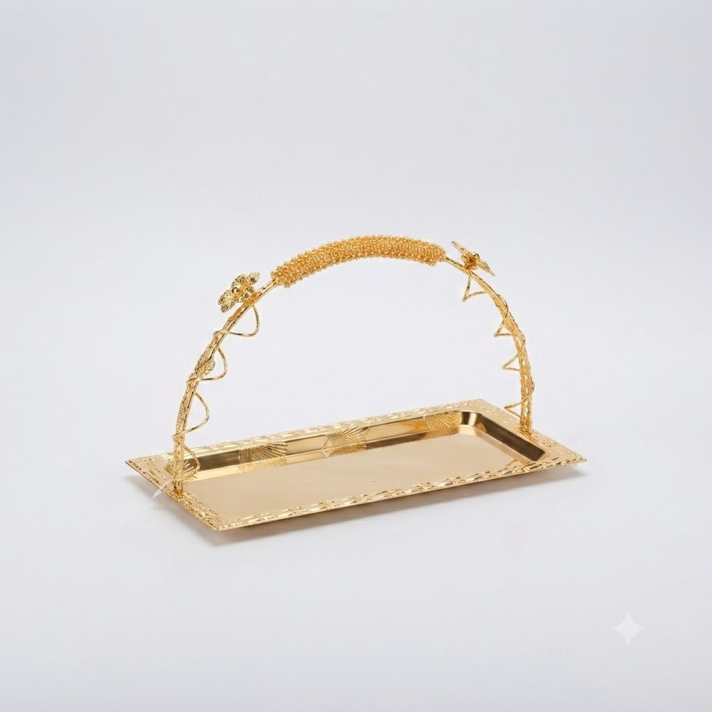 Luxury Golden Sweets and Nuts Serving Tray with Decorative Arched Handle 1