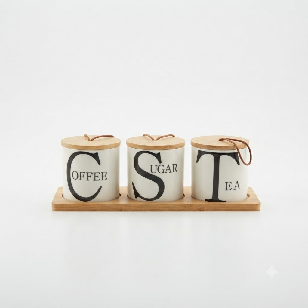 3-Piece Ceramic Coffee, Sugar, and Tea Canister Set with Wooden Base 1