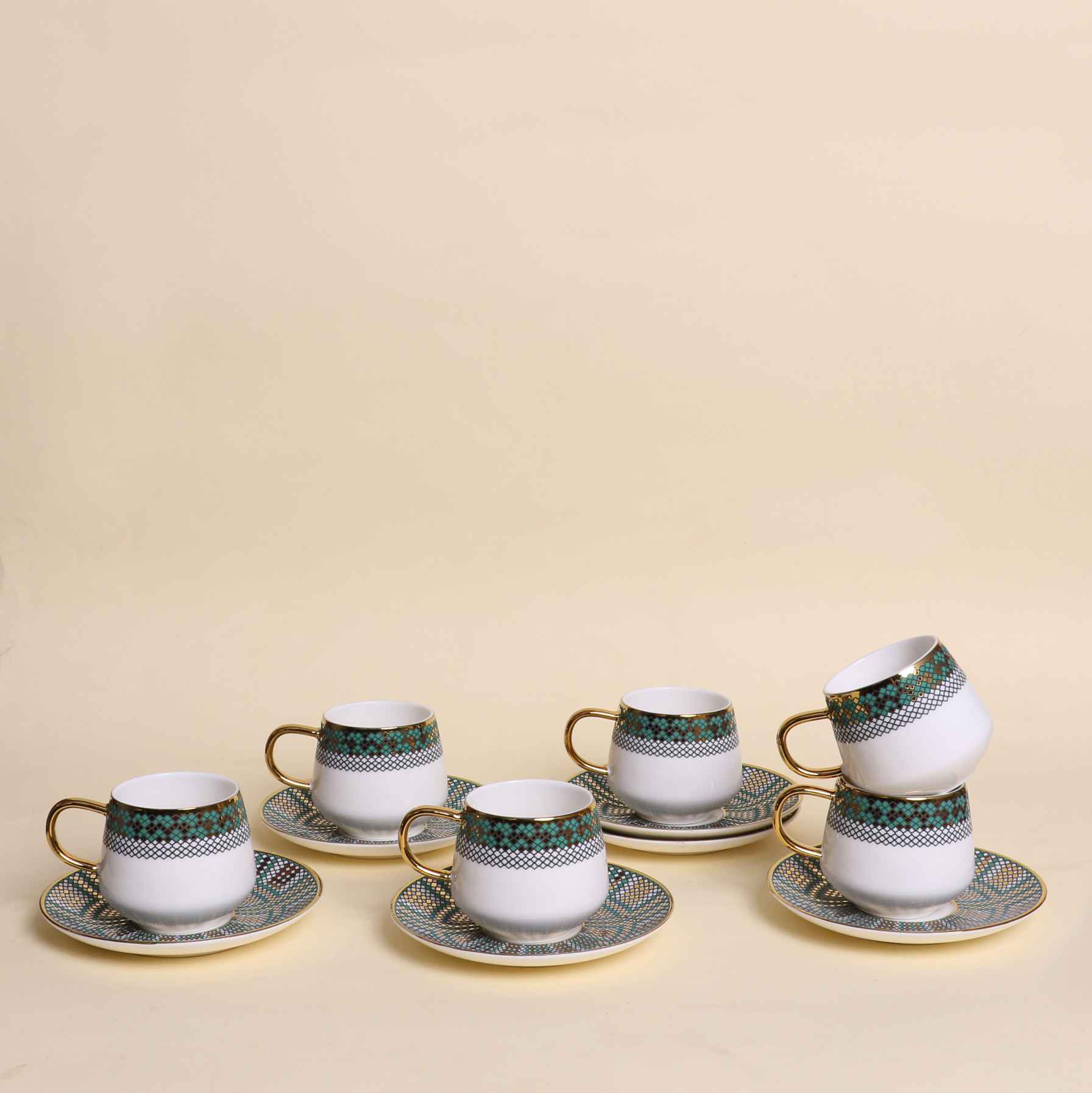 Premium 6-Piece Turquoise Mosaic & Gold-Rimmed Porcelain Coffee Cup Set 1