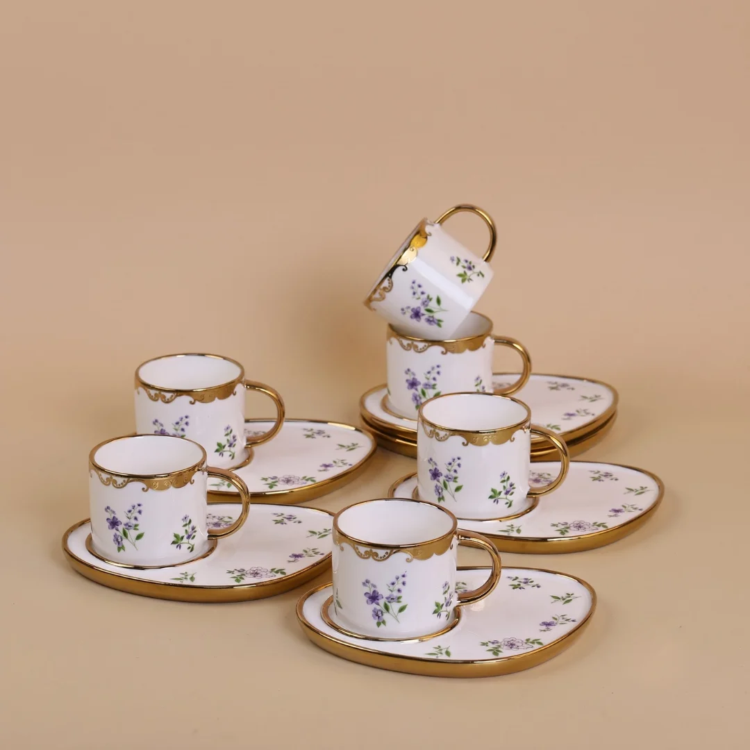 Luxury 6-Piece Lavender Floral Porcelain Coffee Cup Set 1