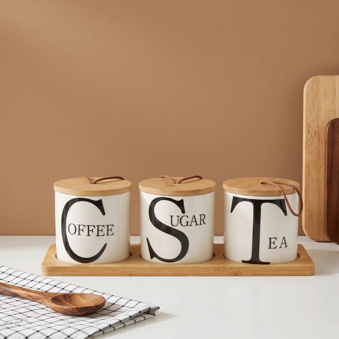 3-Piece Ceramic Coffee, Sugar, and Tea Canister Set with Wooden Base 1